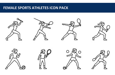 Female athletes in various sports poses, wearing athletic attire, engaged in activities like throwing, playing tennis, and kicking a soccer ball.