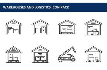 Warehouse exterior line art illustrations with various loading and unloading scenes. Warehouse facility exterior views with boxes and pallet storage.