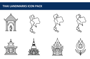 Thai landmarks icon pack. Outline illustrations of historical sites and maps of Thailand.