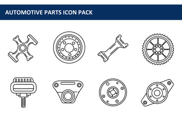 Automotive parts icons in a technical drawing style, depicting various components.