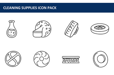 Cleaning supplies icons, simple line art style for various household cleaning tools. Collection of basic cleaning tools in a flat design for digital use.