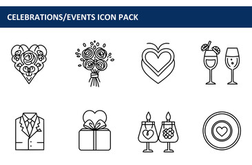 Celebration event outline icons in a simple line art style. Elegant and minimalist wedding/celebration themed graphic elements.