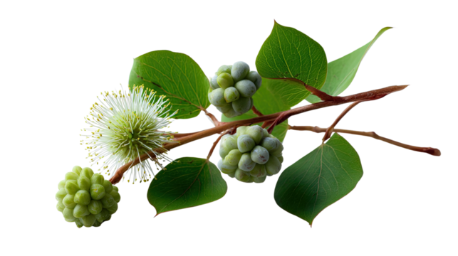 Botanical Branch: A delicate branch with textured, round buds and verdant leaves. The captivating composition is a celebration of natural growth.