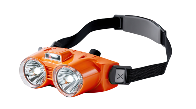 Black metal flashlight isolated on white background with red and orange safety accents