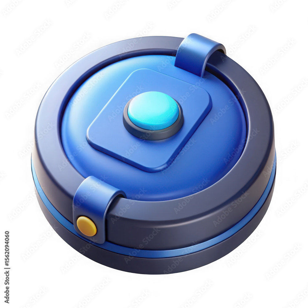 Poster futuristic blue device with glowing button and yellow accent isolated on transparent background