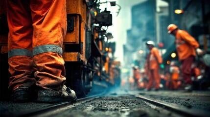 Workers in orange uniforms operating machinery on city streets, with a smoky urban backdrop