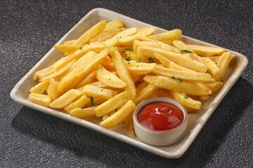 French fries are deep-fried potato strips, typically salted and served with ketchup or other sauces.