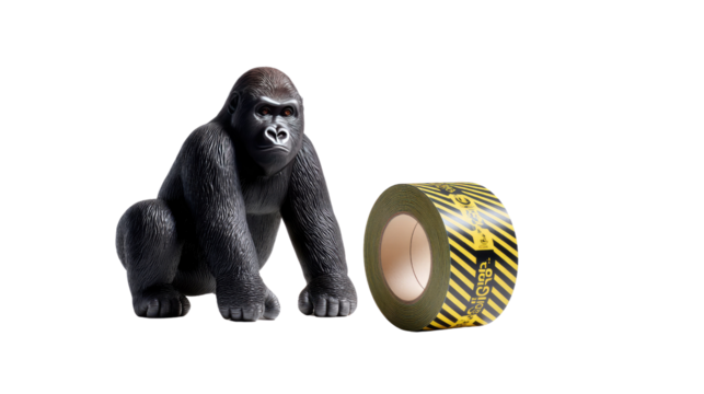 Gorilla with Tape: An up-close shot features a captivating gorilla figure and a roll of tape, creating a striking contrast between wildlife and modern materials.