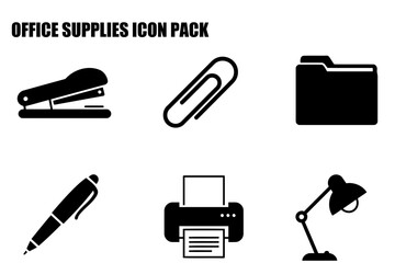 Office supplies icons in various black silhouette forms. Simple, stylized representations of stapler, paperclip, folder, pen, printer, and desk lamp.