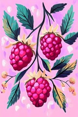 Vibrant Raspberry Illustration: Berries and Juicy Fruit in Botanical Design with Multicolor Leaves and Pink Background Art