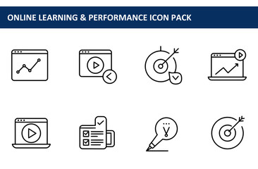 Online learning and performance icons set in a modern design for various uses. Simple line art icons displaying progress, video playback, target practice, and checklist progress.