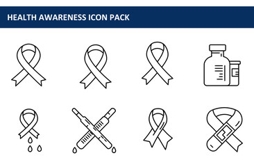 Obraz premium Health awareness icons, showing various symbols for awareness campaigns. Simple, line art icons of awareness ribbons, syringes, medicine bottles, and thermometers, set against a white background.