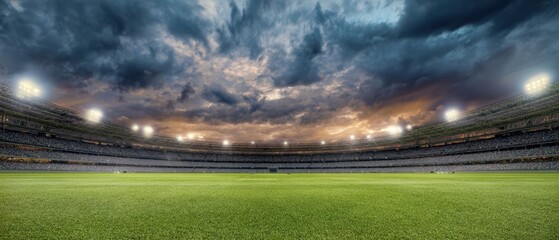 The spectacular stadium landscape with dramatic clouds and illuminated field