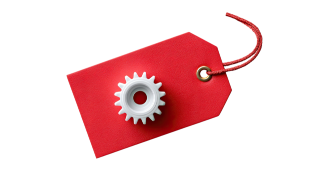 Industrial Tagging: A vibrant red tag, adorned with a pristine white gear, symbolizes industry and precision. Perfect for depicting technological innovation, manufacturing, and product identification.
