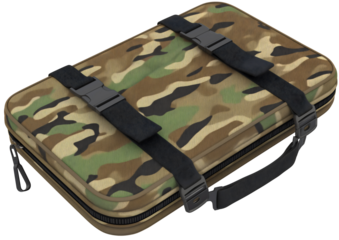 Tactical camouflage laptop case, adjustable black straps, military style woodland camo pattern isolated on transparent background.