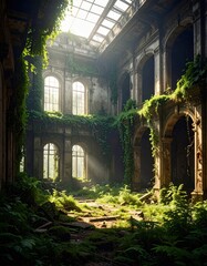 Overgrown Mansion Ruins with Sunbeams, and Nature Reclaimed.