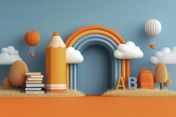 Educational backdrop, rainbow, pencil, stacked books, alphabet blocks, school backpack, hot air balloons,  child friendly photography background.