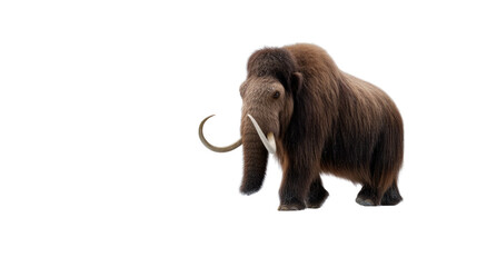 Fototapeta premium Mammoth's Majestic Stroll: A magnificent woolly mammoth, a symbol of prehistoric wonder, strides confidently, its impressive tusks and shaggy coat a testament to a bygone era.
