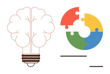Lightbulb designed as a brain next to a multicolor circular puzzle chart representing problem-solving, creativity, and analysis. Ideal for innovation, teamwork, strategy, growth, learning, knowledge