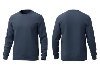 A sleek navy blue t-shirt mockup presented in both front and back views. Isolated on white or transparent background. PNG format.