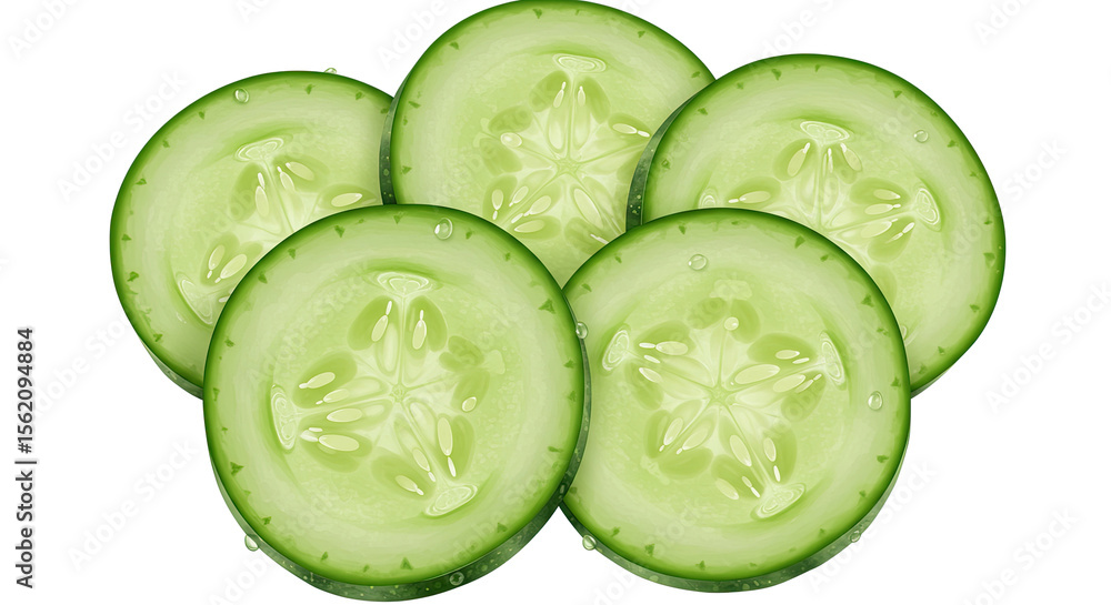 Poster fresh cucumber slices arranged in a pile on a transparent background