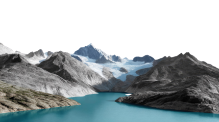 Majestic Mountain Lake: A stunning mountain lake, cradled amidst rugged peaks and a pristine, icy glacier, exudes a sense of awe and natural grandeur, embodying the raw power and beauty of the earth.