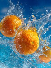 Oranges splashing into water, creating dynamic droplets and ripples against a blue background.