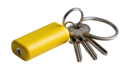 Key to Security: A close-up view of keys on a keyring, one of them is a yellow shape with a small hole for key chain, highlighting security and everyday essential.