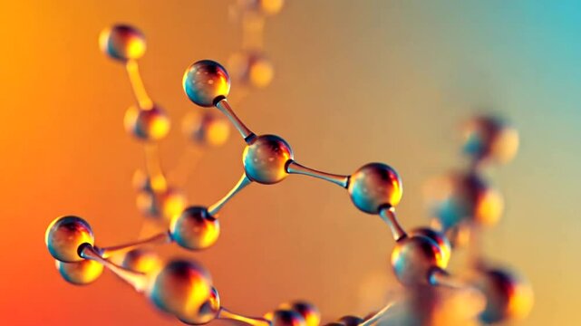 Interconnected spheres form an abstract structure on colorful backdrop, illustrating molecules and atomic connections