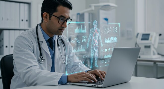 Doctor uses laptop with holographic medical data overlay
