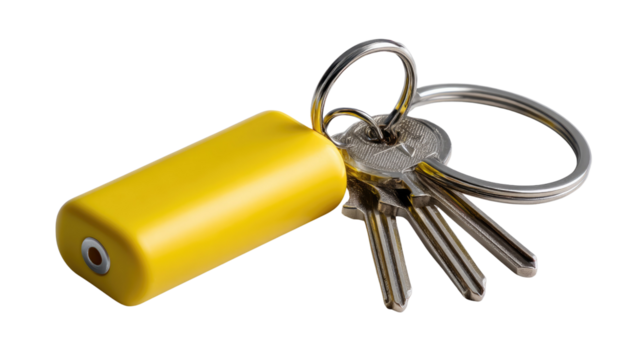 Key to Security: A close-up view of keys on a keyring, one of them is a yellow shape with a small hole for key chain, highlighting security and everyday essential.