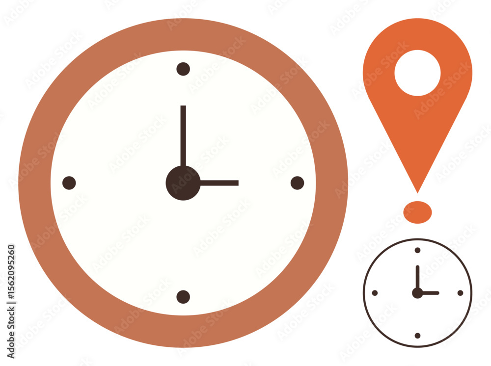 Poster analog clock with brown frame and location pin, highlighting relation of time and geography. ideal f