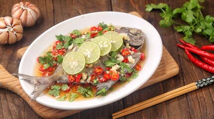 Thai steamed fish served with a bright, punchy  with lots of lime, garlic, chillies, fish sauce and other fragrant aromatics.