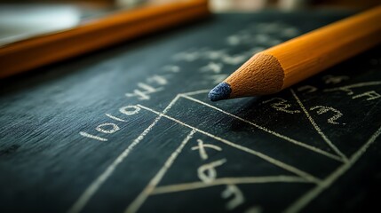 Pencil on chalkboard with mathematical drawing.