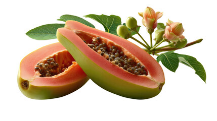 Exotic Papaya: Sliced ripe papaya with its vibrant orange flesh and contrasting black seeds is presented alongside its leaves and flowers in a photorealistic composition.