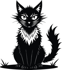 Obraz premium Fierce black cat sitting on grass feline animal