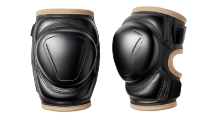 Protective Knee Pads: A pair of sleek, black knee pads with tan accents, designed for impact protection and support. Ideal for various sports and activities. 