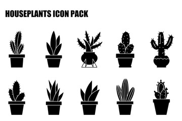 Houseplant icon collection, featuring various types of succulents and cacti in diverse planter styles. Silhouette illustration of potted plants for interior decoration.