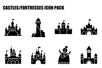 Castle and fortress icons in a simple, black and white design. Silhouettes of various structures, including traditional castles, lighthouses, and playful elements.