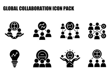 Global collaboration icon set with diverse demographic groups in various collaborative scenarios. Teamwork action, connecting people, and worldwide business icons on a plain background.
