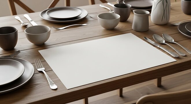 Table Setting with Blank Placemat on Wood Dining Table - Powered by Adobe