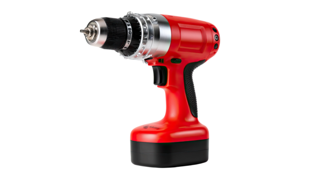 Crimson Power Drill: A close-up shot of a modern, electric power drill, its red casing gleaming against a clean backdrop, highlighting its sturdy construction and efficient design.