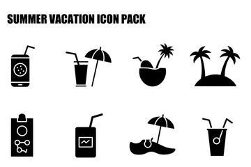 Summer vacation icon pack for travel planning/social media use. Collection of simple, black silhouette icons depicting summer activities, drinks, and locations.