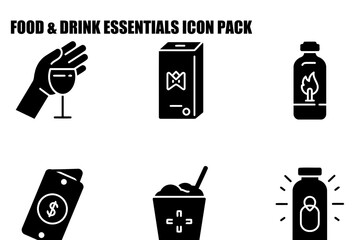Food and drink essentials icon set, showing various items for a restaurant or cafe. Hand holding wine glass in a restaurant setting.