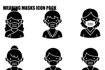 Diverse people wearing masks in various poses against a plain background. Generic, simplified representations of individuals wearing protective face masks, showing diverse hairstyles and clothing.