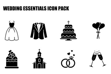 Wedding essentials icon pack. Collection of various wedding items, including bridal gown, tuxedo, wedding cake, church, heart shaped balloons, wedding rings, champagne glasses.