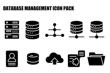 Database management icons in various configurations. Simple, black and white illustrations of data storage, networking, and user interface elements.