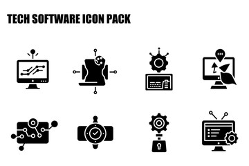 Tech software icons in a flat design style. Simple representations of computer screens, interfaces, and connected devices in a modern, minimalist setting.
