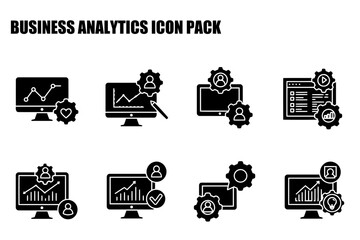 Business analytics icons depicting various computer-based tasks. Computer display screens with data visualizations and tools, arranged in an organized, professional layout.