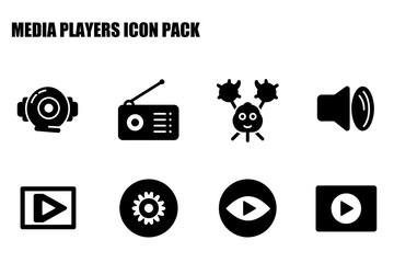 Collection of basic media player icons in a flat design style. Simple, black icons for various media functions.